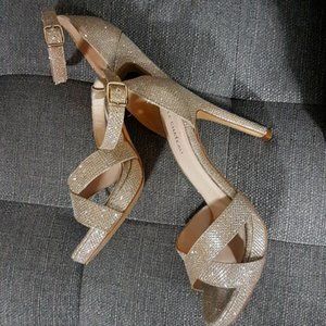 Le Chateau Rose Gold Glitter Mesh Open Toe Platform Heels